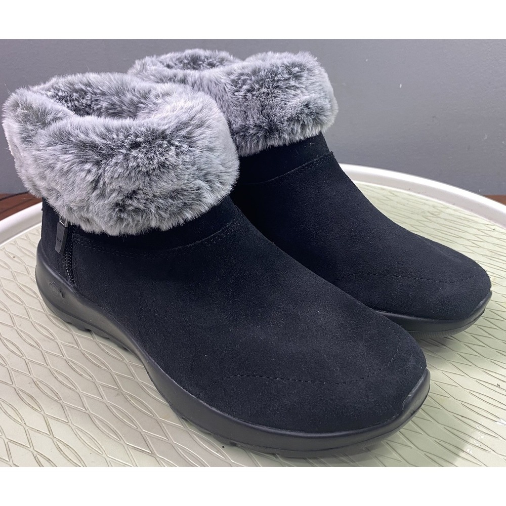 Skechers Womens Leather Boots On The Go Winter Ankle Bootie Faux Fur Black 6